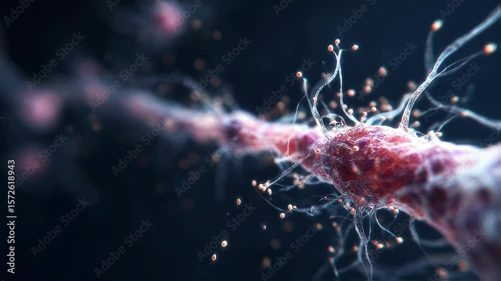Poster microscopic view of a neuron transmitting signals through its network of dendrites and axons, repres
