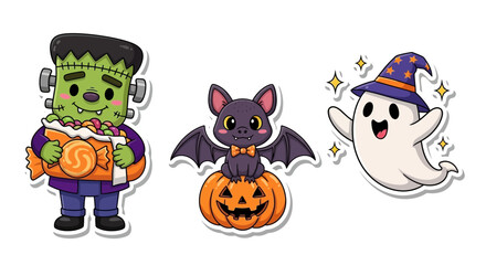 Obraz premium Cute cartoon Halloween characters, including Frankenstein, a bat, and a ghost, holding candy, sitting on a pumpkin, and wearing a witch's hat.