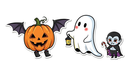 Obraz premium Cartoon Halloween characters: a pumpkin with wings, a ghost, and a vampire.