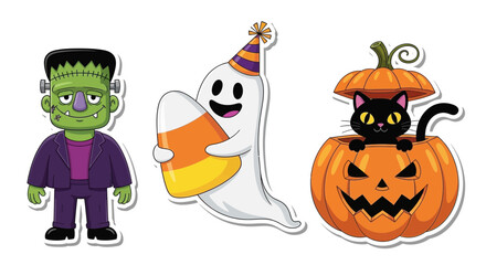 Fototapeta premium Cartoon Halloween characters, including Frankenstein, a ghost, and a cat in a pumpkin, for decorations.