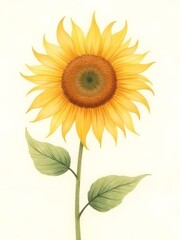 Bright yellow sunflower blossom with green leaves isolated on a white background