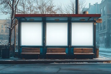 Snowy Bus Stop with Blank Advertising Panels and Graffiti in Urb
