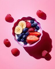 Yogurt with fresh raspberries, blueberries, bananas in ceramic bowl on pink background. Organic harmony of dairy, vitamins, and natural fiber.