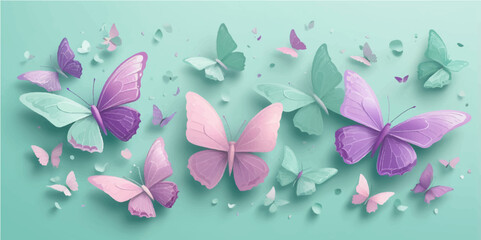 Pink and white spring flowers blossom, a seamless pattern of nature's colorful beauty with delicate butterflies © nur