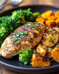 plate of a healthy, protein-packed meal, grilled chicken breast, topped with a sprinkle of fresh herbs, quinoa, roasted pumpkin and broccoli on rustic, matte black plate on wood background 