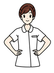 女性看護師の正面立ちポーズ　上半身　腰に両手を当てる