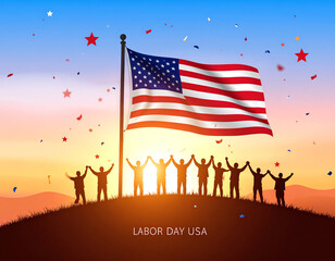 Labor Day USA Celebration with American Flag and Silhouetted People, Patriotic Labor Day Image with Stars and Stripes and Celebrating Group on a Hilltop