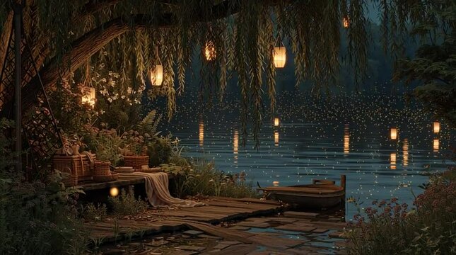 Tranquil lakeside scene at dusk, willow trees overhanging the water, glowing lanterns and candles create a magical, serene atmosphere perfect for relaxing or romantic moments by the shore.