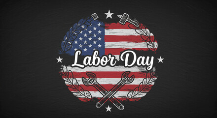 Patriotic Labor Day Celebration with American Flag Motif, Stylized Labor Day Image with Tools and American Flag Pattern