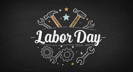 Chalkboard Labor Day Celebration with Hand-Drawn Tools and Festive Stars, Festive Chalk Art for a Labor Day Celebration on a Rustic Chalkboard