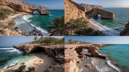 and keyword list for the image, following your instructions

 Natural arch formations overlooking beaches with turquoise water in coastal Oman