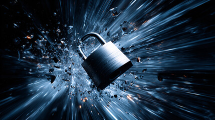 Shattered Security A Padlock Exploding in a Burst of Light