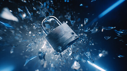 Cybersecurity Breach Padlock amidst Shattered Glass Depicting Data Protection Failure Scenarios