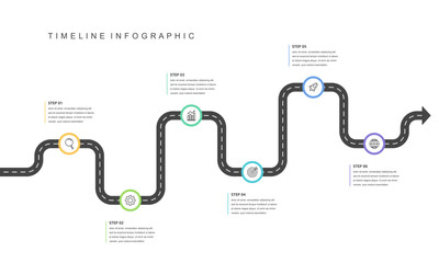 Business road map timeline infographic concept. with icons and 6 steps, Corporate milestones graphic elements. workflow layout, diagram, report, web design. Creative, Vector illustration.