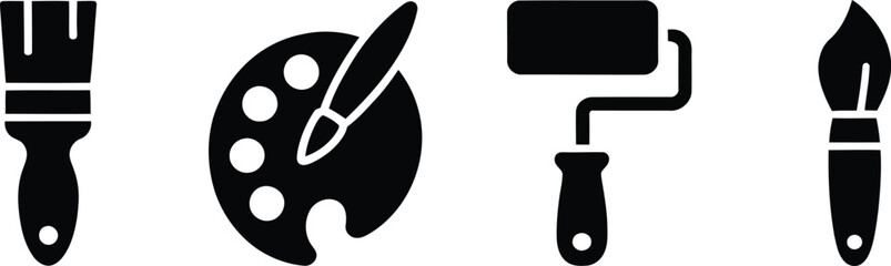 Black and white minimalist painting tools icons: brush, palette, roller, and detail brush.