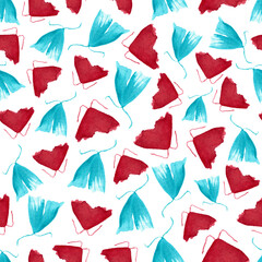 seamless pattern of blue and red moths hand painted watercolor illustrations on white background