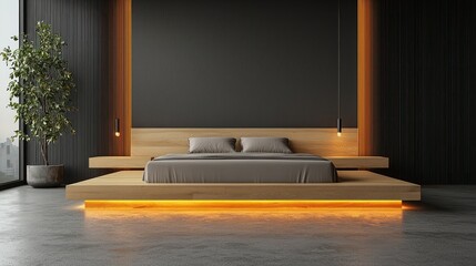Minimalist bed, wood frame, gray wall, tree, warm lights