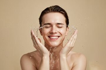 Young man washing face with water splash on beige background, copy space