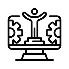 Figure on tiered pedestal arms raised viewed on screen with gears either side