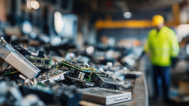 E-Waste Recycling Center with Discarded Electronics – Broken Computer Hardware and Worker in Safety Jacket