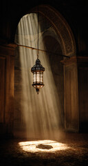 Ancient Architecture Sunbeams Illuminate Hanging Lantern in Historic Building