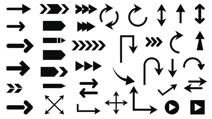 Set of black arrows vector elements. Icon pointer, arrow, direction, button, movement, corner, circle, turn. Different arrow symbol isolated on white background