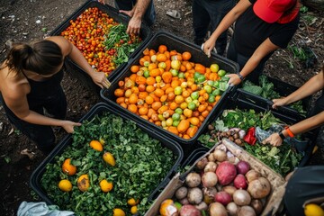 Environmental awareness, people sorting food waste for composting, contributing to eco-friendly waste management practices, Generative AI