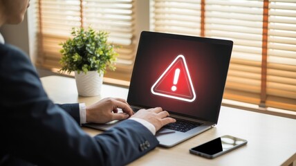 Serious Businessman Views Critical Laptop Error Alert Message