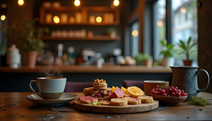 A table setting with coffee pastries and fruit in a cozy cafe