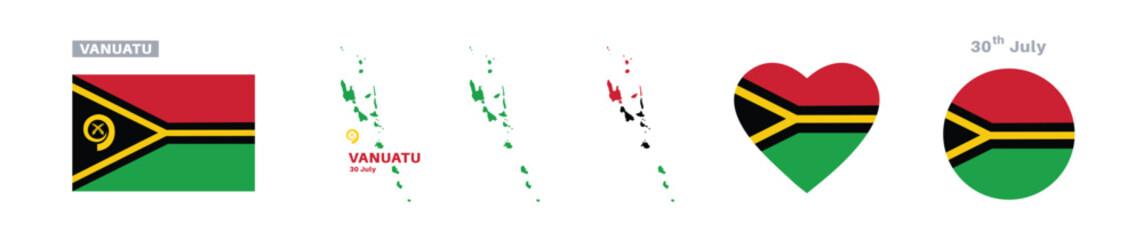 vanuatu flag and map set. vanuatu flag in official colors and proportions. independence day 30 july, map, circle and heart shaped vanuatu 
