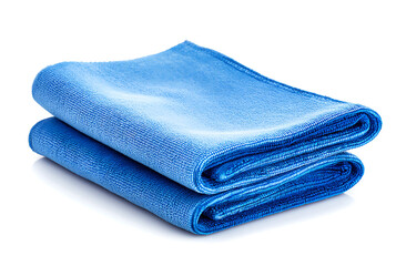 Stack of blue microfiber cleaning cloths against a white background.