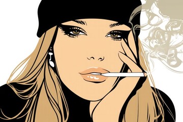 A beautiful woman with long blond hair wearing a black beret smoking a cigarette, digital illustration art