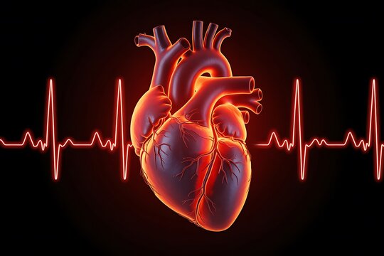 Glowing human heart with red neon ekg line on black background