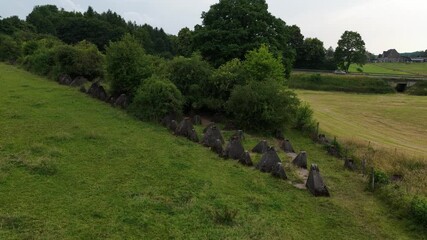 Dragons teeth of the Siegfried line. World war 2, monument. Barrier against armored vehicles. Aerial view.
