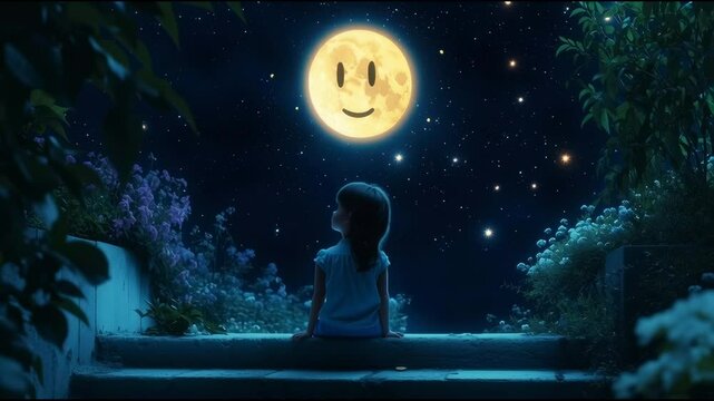 Girl gazing at the smiling moon: A young girl sits under the night sky with a cheerful moon looking on, sparking a sense of wonder and delight. It captures the moment of pure imagination and joy.