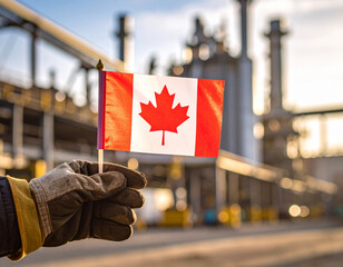 Hand Holding a Canadian Flag with an Industrial Backdrop, Canada's Energy Sector at Sunset