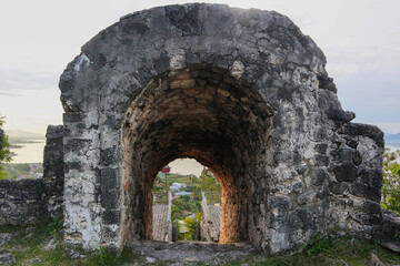 Stone Archway Ruins Overlooking Landscape. Fort Otanaha