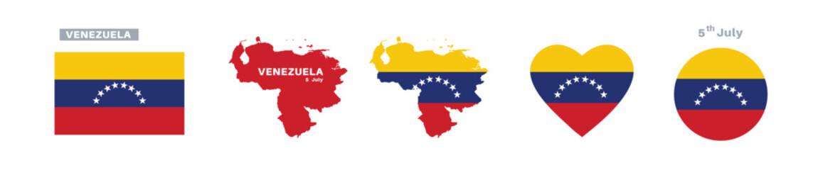 venezuela flag and map set. venezuela flag in official colors and proportions. independence day 5 july, map, circle and heart shaped venezuela 
