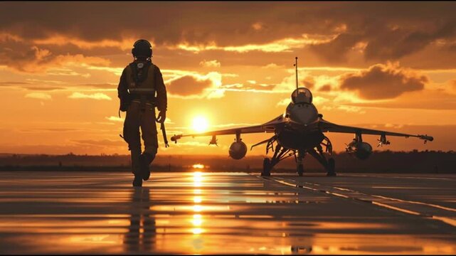 Air force fighter pilot walking towards combat jet in evening light