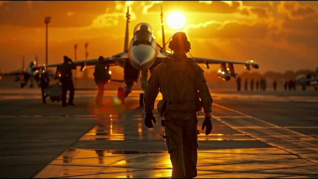 Fighter pilot walking toward jet under dramatic evening sky