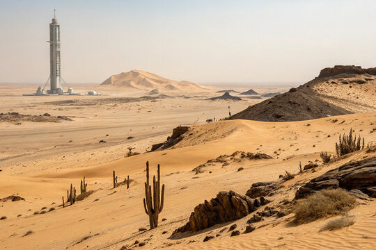 Desert landscape with palm trees and sand dunes under blue sky
