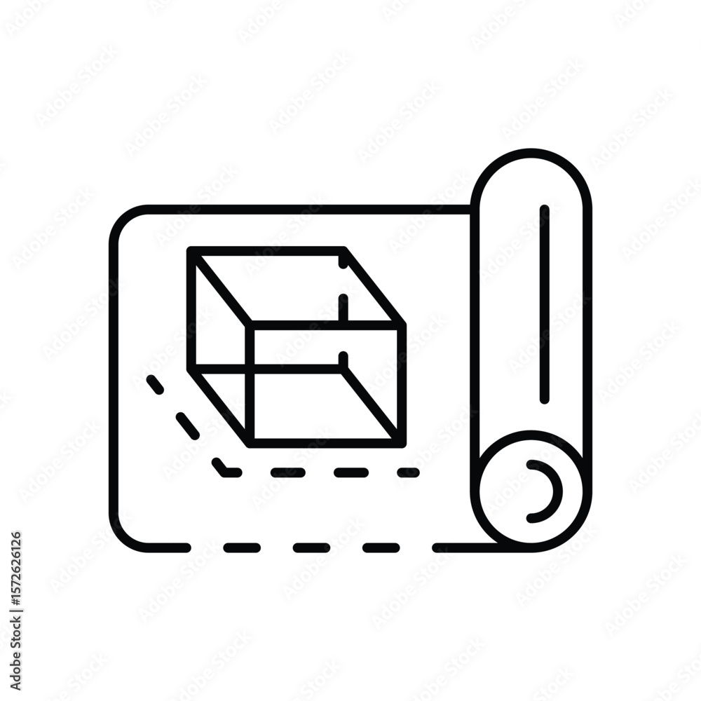 Poster a blueprint with a cube on it partly rolled up on the right