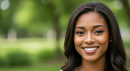 Portrait of a young African American woman with a warm smile on a green background, Serene and confident African American woman smiling outdoors, perfect for lifestyle photography