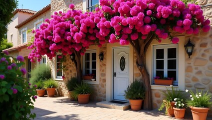 Charming stone house entrance adorned with vibrant pink bougainvillea flowers
