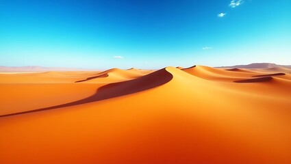 Vast golden sand dunes stretch across the desert under a clear blue sky