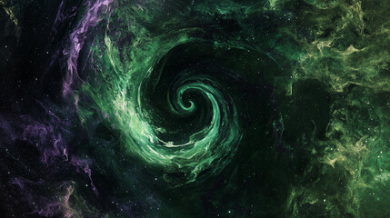 Abstract background with galactic vortex in space, stars and nebulae in green and purple tones, open center, purely for text.