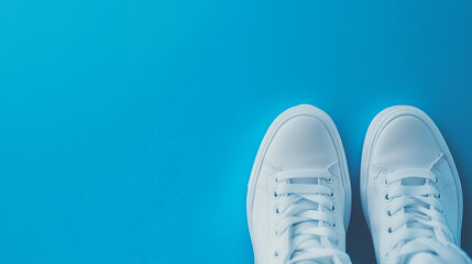 White clean sneakers on a blue background with space for text.
