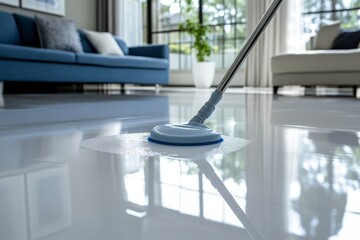 Efficient cleaning, housekeeper mopping living room floor with professional cleaning products for optimal cleanliness, Generative AI
