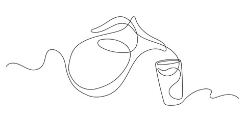Jug pouring water, milk, or juce in glass. Continuous line drawing.