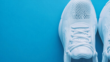 Close-up of a pair of white sneakers on a blue background with space for text. The sneakers are clean, representing fashion footwear, street style, sports shoes.